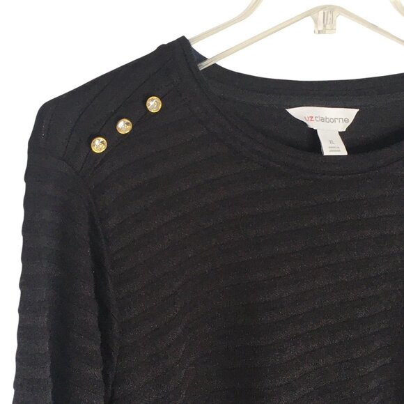 Liz Claiborne Knit Sweater Top Women XL Black Stripe Long Sleeve Shoulder Button - Picture 13 of 16